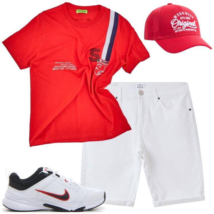 Outfit uomo - Agosto. Stile Casual per Tutti i giorni. Abbinamento con cappelli, bermuda, t-shirt, sneakers.