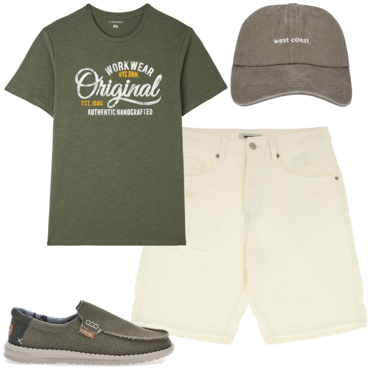 Outfit uomo - Total look #2228650. Stile Casual per Tutti i giorni. Abbinamento con t-shirt, cappelli, bermuda, scarpe stringate.