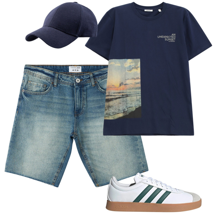 Outfit uomo - Agosto. Stile Casual per Tutti i giorni. Abbinamento con bermuda, t-shirt, cappelli con visiera, sneakers.