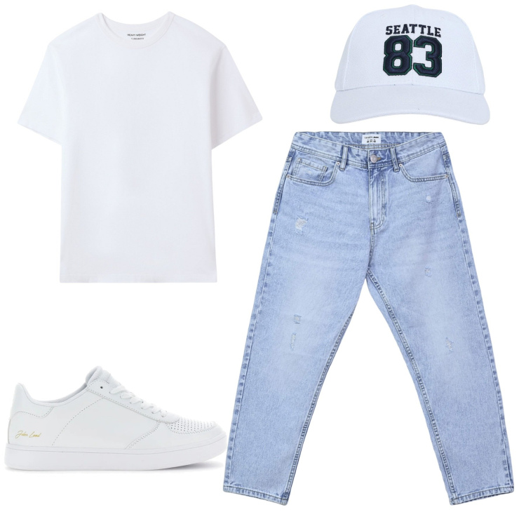 Outfit uomo - Total look #2228660. Stile Casual per Tutti i giorni. Abbinamento con cappelli, t-shirt, jeans strappati, sneakers.