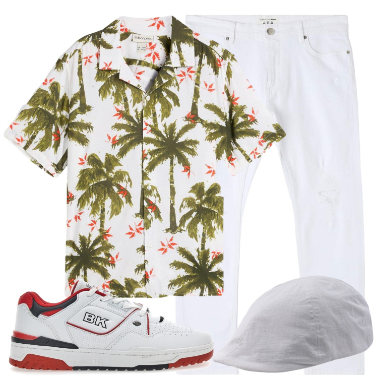 Outfit uomo - Agosto. Stile Casual per Mare. Abbinamento con camicie a manica corta, jeans strappati, sneakers, cappelli con visiera.