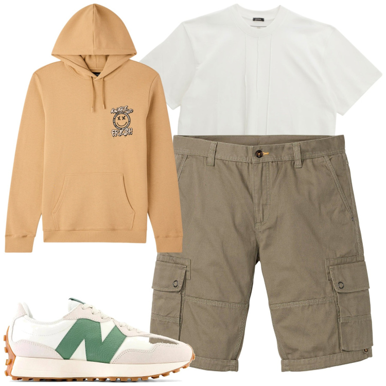Outfit uomo - Agosto. Stile Casual per Tutti i giorni. Abbinamento con bermuda, felpe con cappuccio, t-shirt, sneakers.