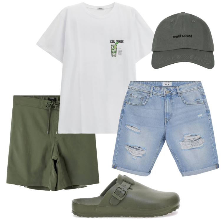 Outfit uomo - Total look #2228667. Stile Casual per Mare. Abbinamento con costumi, cappelli con visiera, bermuda, t-shirt, sandali.
