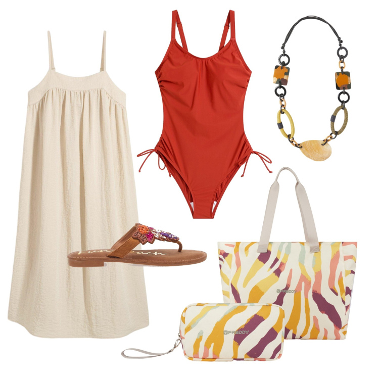 Outfit donna - Abbinamento borsa/trousse !. Stile Casual per Mare. Abbinamento con vestiti, costumi interi, shopping bag, valigie, infradito, collane.