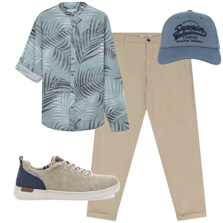 Outfit uomo - Agosto. Stile Urban per Tutti i giorni. Abbinamento con cappelli con visiera, camicie, pantaloni chino, scarpe stringate.