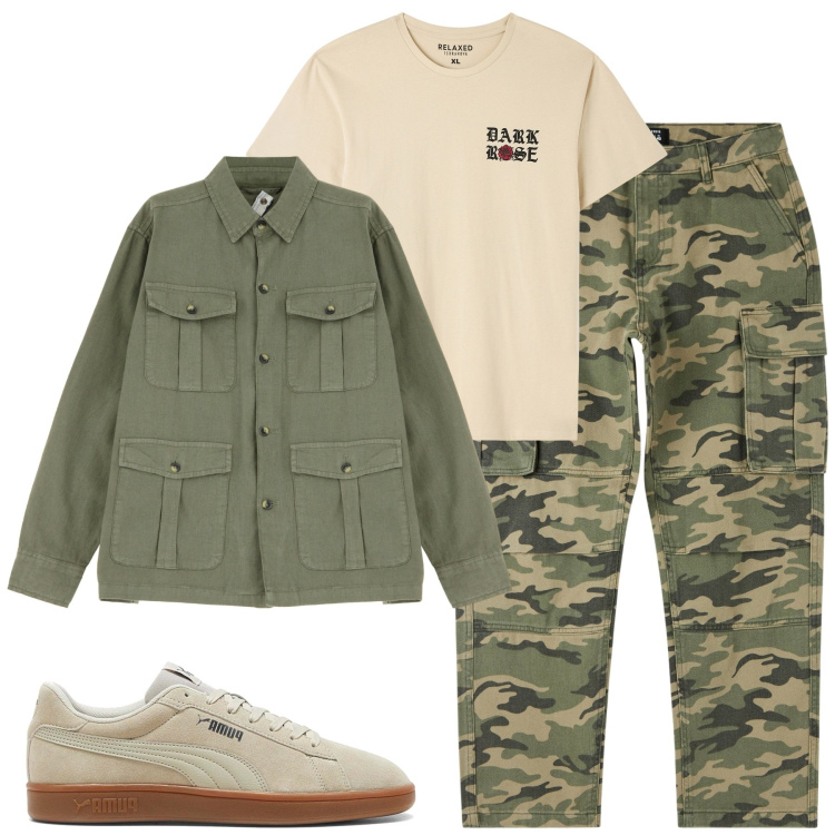 Outfit uomo - Military. Stile Casual per Tutti i giorni. Abbinamento con t-shirt, pantaloni cargo, cappotti, sneakers.