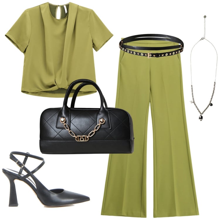 Outfit donna - Imperial. Stile Urban per Tutti i giorni. Abbinamento con borse a mano, cinture, bluse, pantaloni, ciondoli, sandali col tacco.