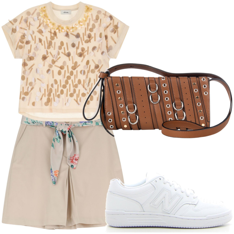 Outfit donna - Aperitivo. Stile Trendy per Tutti i giorni. Abbinamento con borse a spalla, shorts, t-shirt, sneakers.