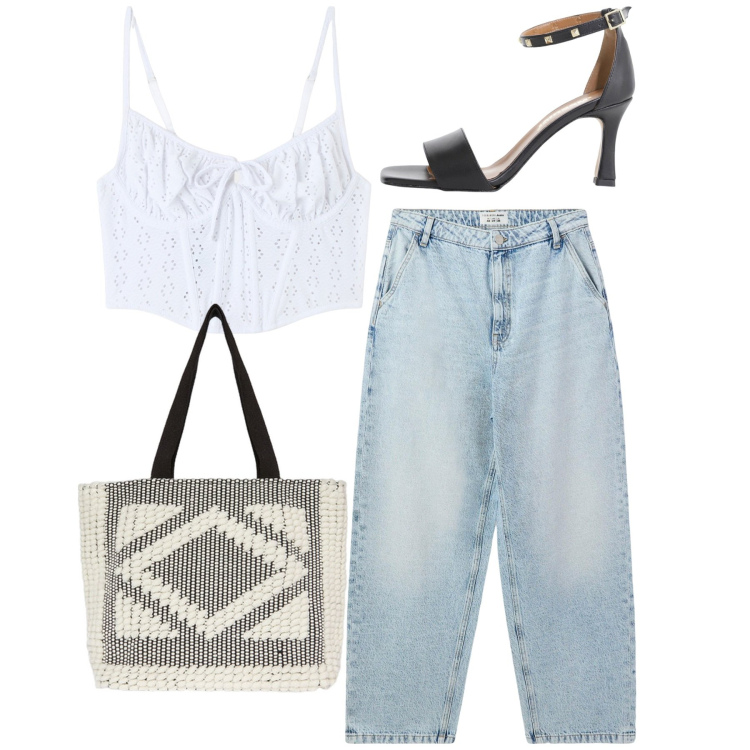 Outfit donna - City. Stile Casual chic per Tutti i giorni. Abbinamento con top, jeans, sandali col tacco, shopping bag.