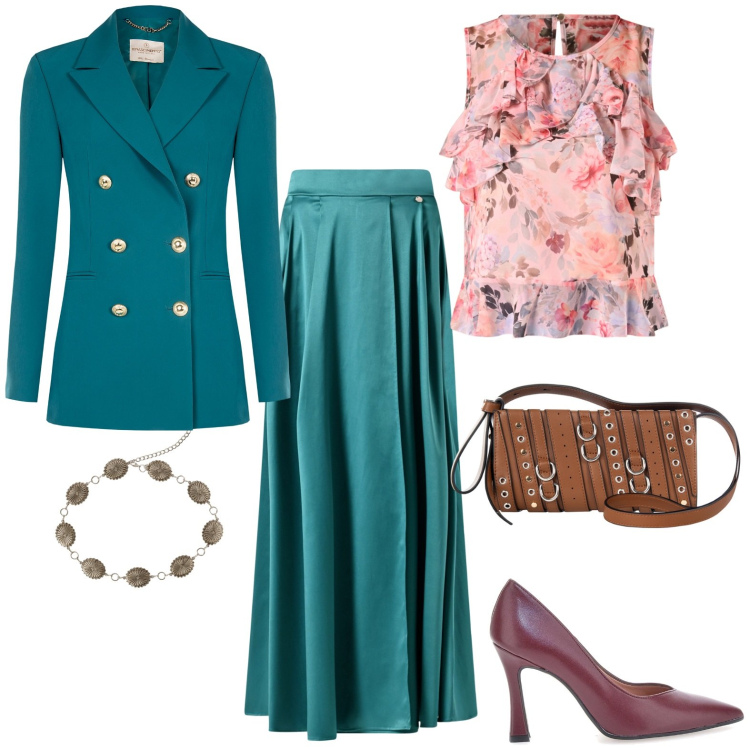 Outfit donna - Look giorno donna. Stile Romantica per Tutti i giorni. Abbinamento con cinture, borse a spalla, gonne lunghe, top, blazer, décolleté.
