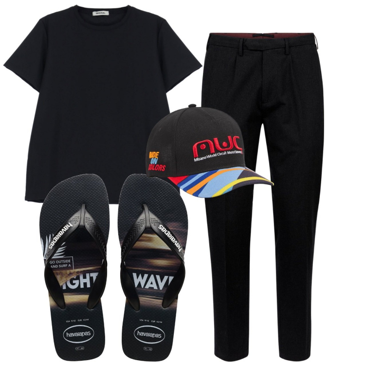 Outfit uomo - Total look #2228725. Stile Urban per Tutti i giorni. Abbinamento con cappelli, t-shirt, pantaloni, sandali.