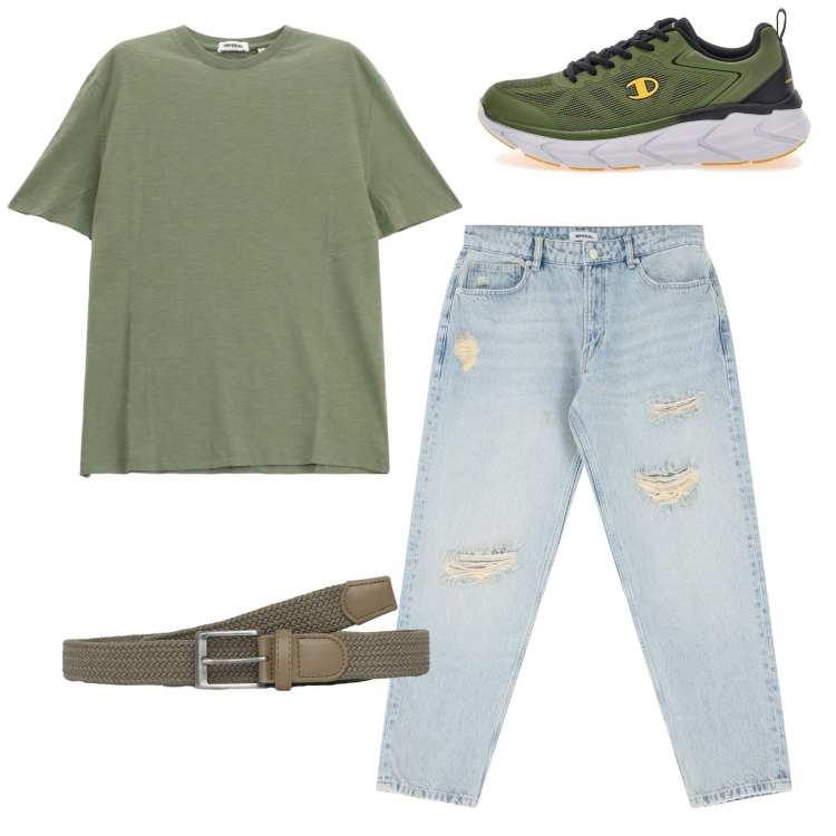 Outfit uomo - Total look #2228726. Stile Casual per Tutti i giorni. Abbinamento con cinture, t-shirt, jeans strappati, sneakers.