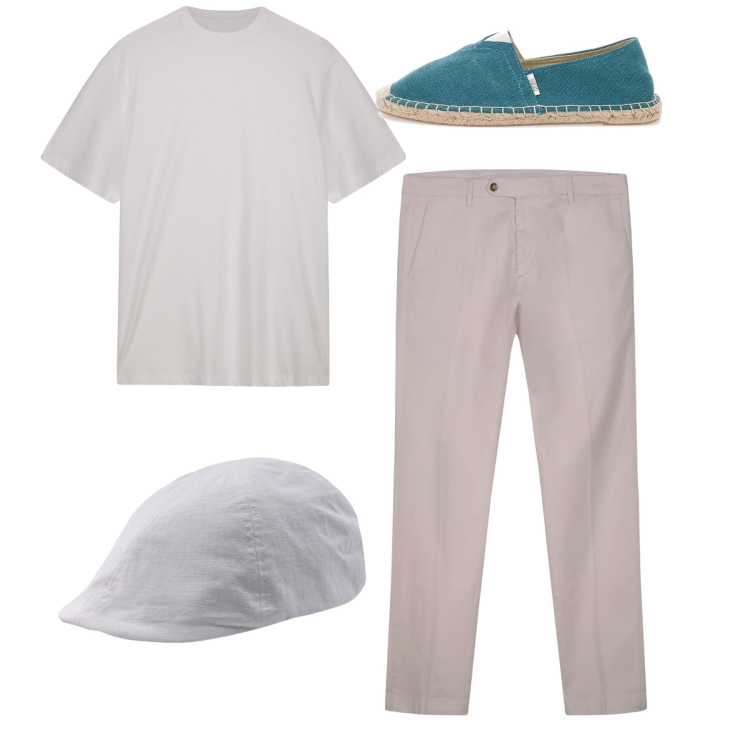 Outfit uomo - Total look #2228741. Stile Casual per Tutti i giorni. Abbinamento con pantaloni chino, t-shirt, cappelli con visiera, espadrillas.