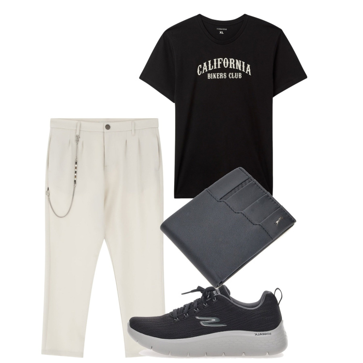 Outfit uomo - Chi ha una vita. Stile Casual per Tutti i giorni. Abbinamento con t-shirt, pantaloni, portafogli, sneakers.