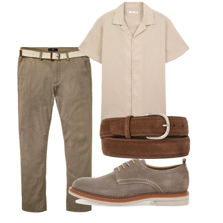 Outfit uomo - Chi ha una vita. Stile Casual per Tutti i giorni. Abbinamento con pantaloni chino, camicie a manica corta, cinture, scarpe stringate.