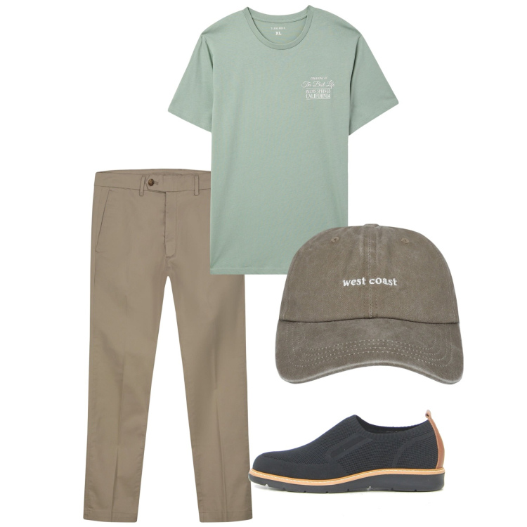Outfit uomo - Chi ha una vita. Stile Casual per Tutti i giorni. Abbinamento con cappelli, t-shirt, pantaloni chino, scarpe stringate.