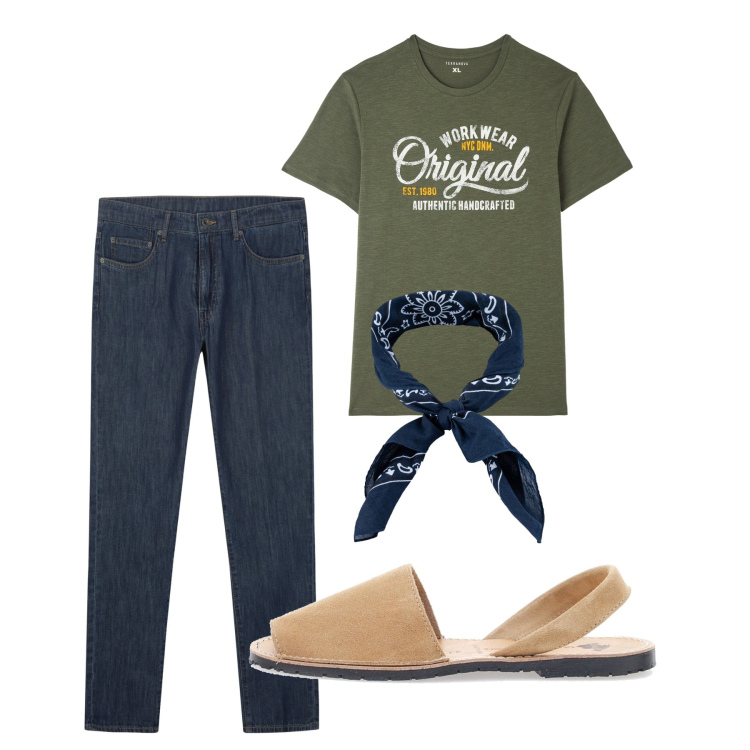 Outfit uomo - Chi ha una vita. Stile Casual per Tutti i giorni. Abbinamento con t-shirt, sandali, jeans, sciarpe e foulard.