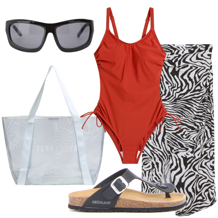 Outfit donna - La borsa per il mare. Stile Basic per Mare. Abbinamento con costumi interi, vestiti da spiaggia, shopping bag, occhiali da sole, ciabatte.