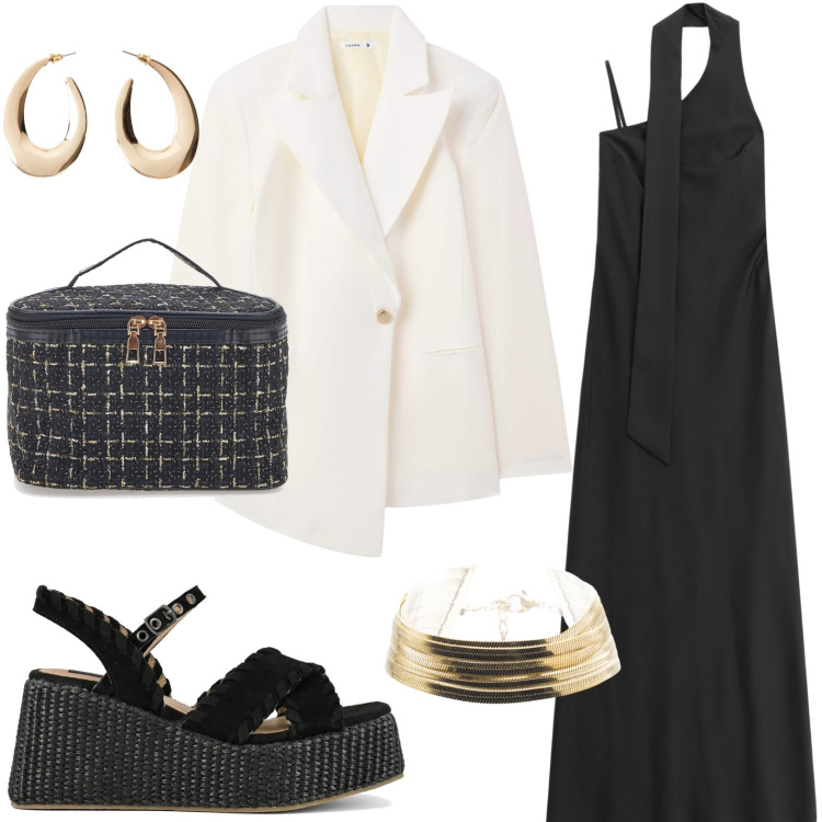 Outfit donna - Aperitivo raffinato. Stile Glamour per Serata fuori. Abbinamento con orecchini, blazer, vestiti lunghi, braccialetti, valigie, zeppe.