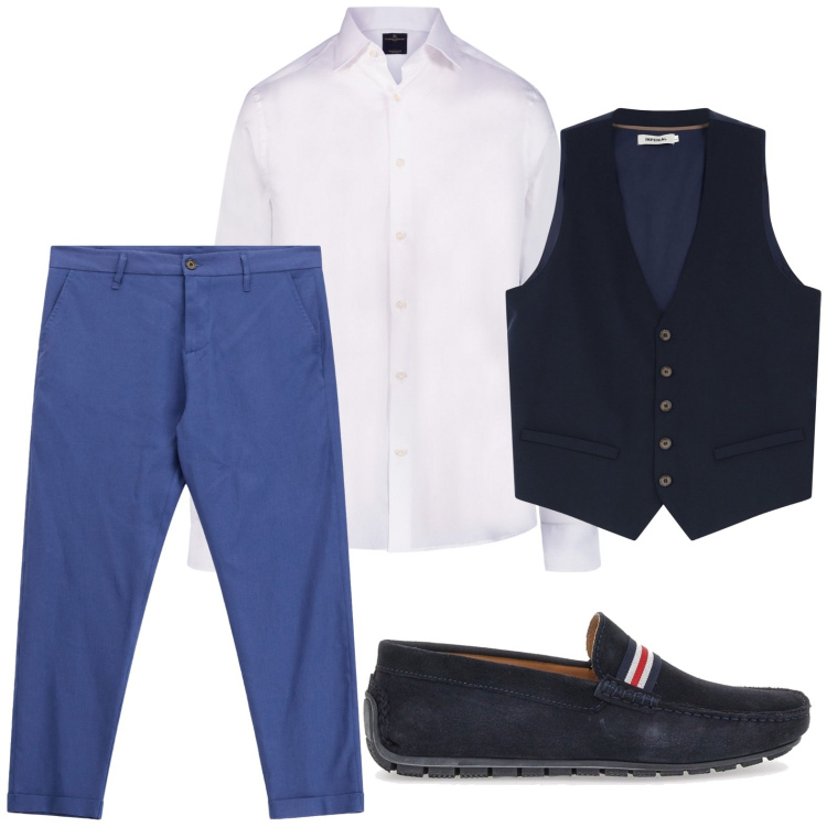 Outfit uomo - Look da rooftop serale. Stile Casual per Mare. Abbinamento con gilet, pantaloni, camicie, scarpe stringate.