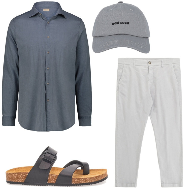 Outfit uomo - Tonalità neutre e polverose. Stile Casual per Mare. Abbinamento con cappelli con visiera, pantaloni chino, sandali, camicie.