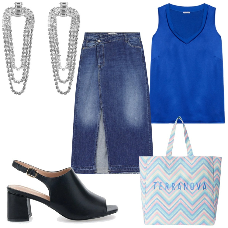 Outfit donna - Total look #2228783. Stile Trendy per Tutti i giorni. Abbinamento con orecchini, borse tote, gonne, sandali col tacco, top.