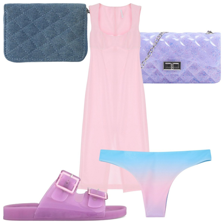 Outfit donna - Total look #2228788. Stile Trendy per Mare. Abbinamento con borse a tracolla, portafogli, bikini, vestiti midi/longuette, sandali.