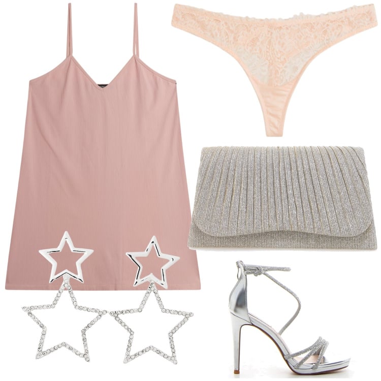 Outfit donna - Mini abito a sottoveste sotto le stelle. Stile Sexy per Serata fuori. Abbinamento con perizomi, orecchini, vestiti corti, clutch, sandali col tacco.