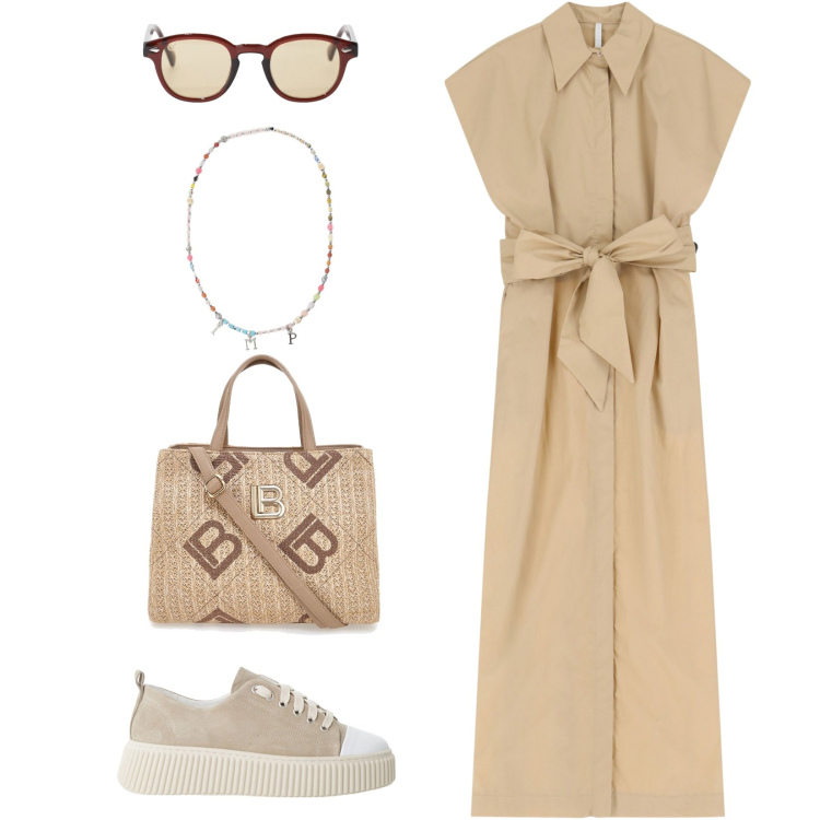 Outfit donna - Per la città. Stile Casual per Tutti i giorni. Abbinamento con sneakers, occhiali da sole, collane, vestiti lunghi, borse a tracolla.