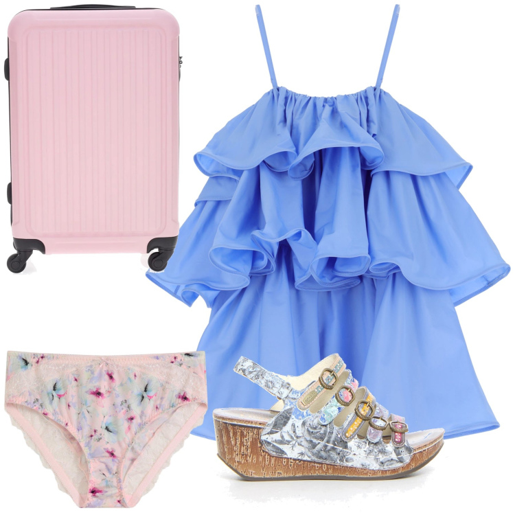Outfit donna - Viaggio romantico. Stile Romantica per Tutti i giorni. Abbinamento con culotte, vestiti corti, sandali col tacco, valigie.