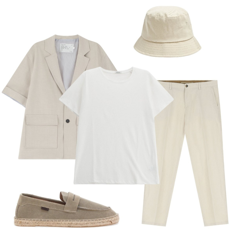 Outfit uomo - Sabbia : colore elegante. Stile Trendy per Tutti i giorni. Abbinamento con cappelli, giacche, pantaloni chino, t-shirt, espadrillas.