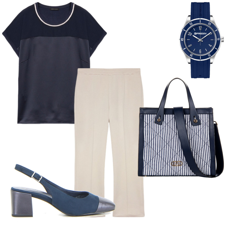 Outfit donna - Fiorella 3. Stile Casual per Tutti i giorni. Abbinamento con shopping bag, orologi, top, pantaloni, décolleté.