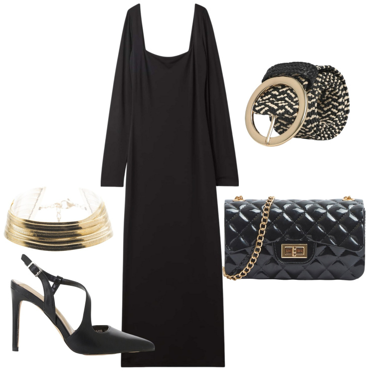 Outfit donna - L"abito Terranova. Stile Trendy per Serata fuori. Abbinamento con borse a tracolla, vestiti lunghi, cinture, décolleté, braccialetti.