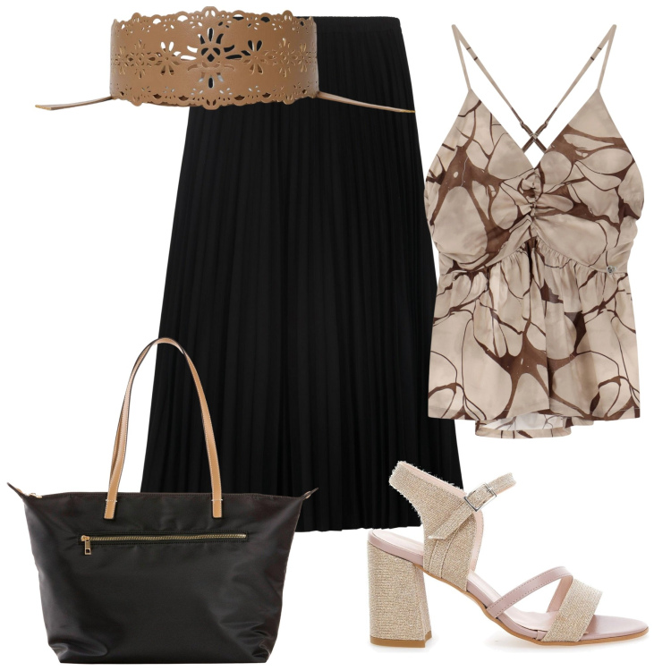 Outfit donna - Una gonna lunga. Stile Casual chic per Tutti i giorni. Abbinamento con shopping bag, cinture, canottiere, gonne longuette, sandali col tacco.