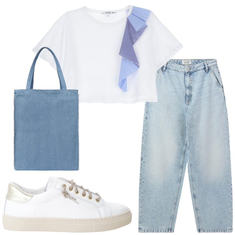 Outfit donna - Casual style. Stile Casual per Tutti i giorni. Abbinamento con borse tote, jeans, t-shirt, sneakers.