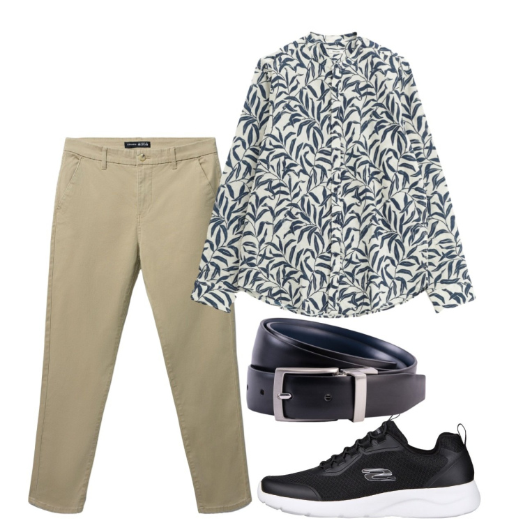 Outfit uomo - Agosto. Stile Casual per Tutti i giorni. Abbinamento con pantaloni chino, camicie, sneakers, cinture.