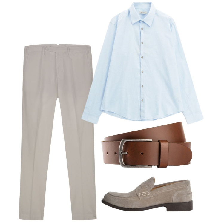 Outfit uomo - Agosto. Stile Casual per Tutti i giorni. Abbinamento con cinture, camicie, scarpe stringate, pantaloni.