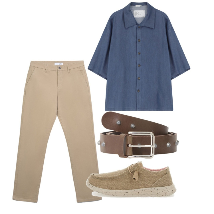 Outfit uomo - Agosto. Stile Casual per Tutti i giorni. Abbinamento con pantaloni chino, cinture, camicie a manica corta, scarpe stringate.