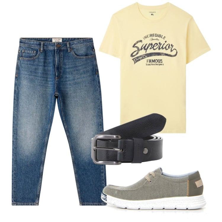 Outfit uomo - Paglierino e denim. Stile Casual per Tutti i giorni. Abbinamento con t-shirt, jeans, cinture, sneakers.
