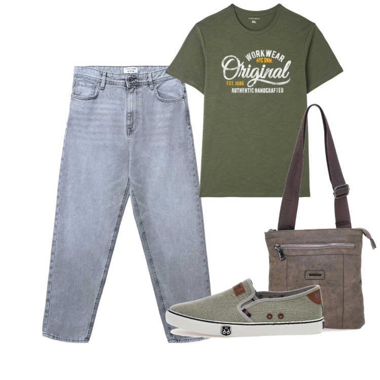 Outfit uomo - Agosto. Stile Casual per Tutti i giorni. Abbinamento con t-shirt, jeans, portafogli, scarpe stringate.