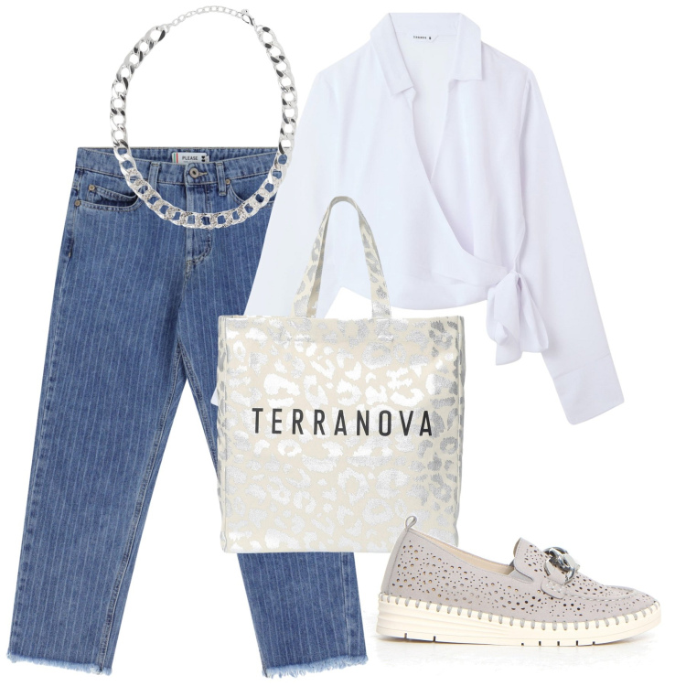 Outfit donna - Casual cittadino. Stile Casual chic per Tutti i giorni. Abbinamento con borse tote, camicie, collane, jeans, mocassini.