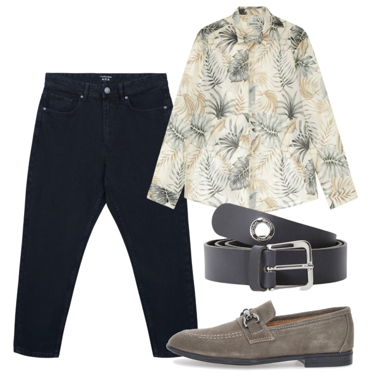 Outfit uomo - Agosto sera. Stile Casual per Serata speciale. Abbinamento con jeans, cinture, camicie, scarpe stringate.