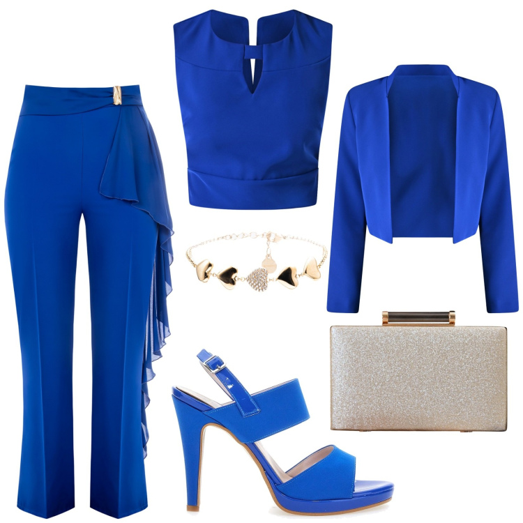 Outfit donna - Tono su tono. Stile Glamour per Cerimonia. Abbinamento con clutch, pantaloni, bolero, top, braccialetti, sandali col tacco.