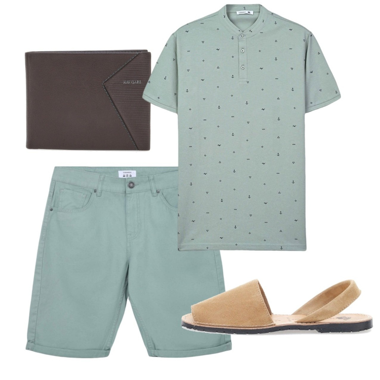 Outfit uomo - Ago. Stile Casual per Tutti i giorni. Abbinamento con t-shirt, bermuda, sandali, portafogli.
