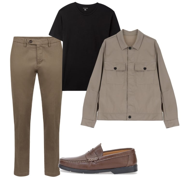 Outfit uomo - Fine agosto. Stile Casual per Tutti i giorni. Abbinamento con t-shirt, giacche, pantaloni chino, scarpe stringate.