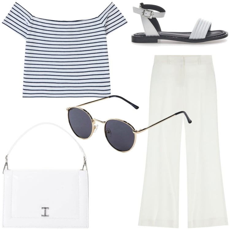 Outfit donna - Pantaloni bianchi e marinier. Stile Casual chic per Tutti i giorni. Abbinamento con occhiali da sole, t-shirt, pantaloni, borse a tracolla, sandali.