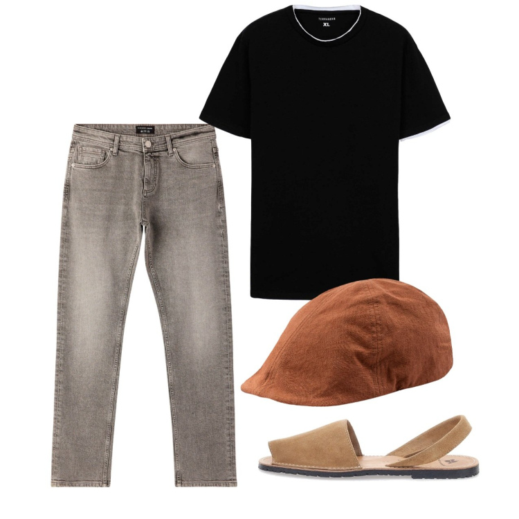 Outfit uomo - Agosto. Stile Casual per Tutti i giorni. Abbinamento con t-shirt, jeans, sandali, cappelli con visiera.