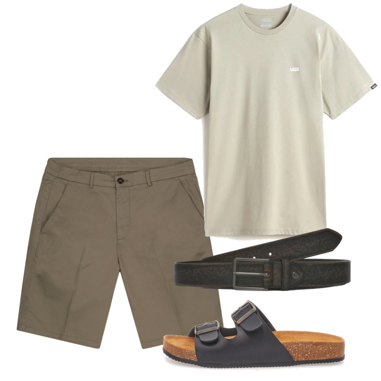 Outfit uomo - Agosto. Stile Casual per Tutti i giorni. Abbinamento con cinture, t-shirt, sandali, bermuda.