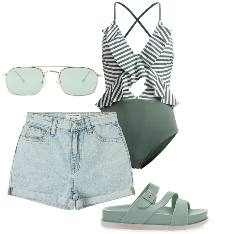 Outfit donna - Fun beach. Stile Casual per Mare. Abbinamento con costumi interi, shorts, occhiali da sole, ciabatte.