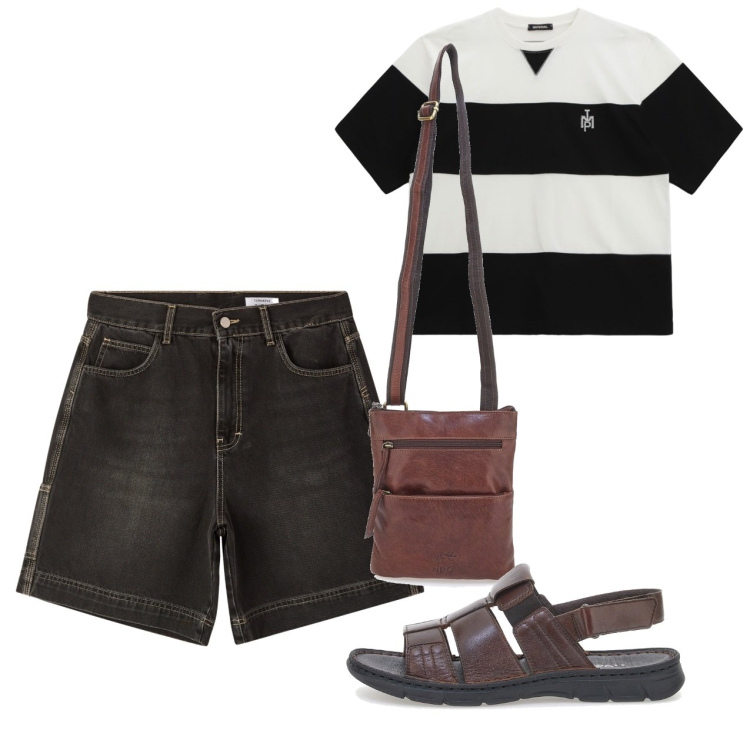 Outfit uomo - Agosto. Stile Casual per Tutti i giorni. Abbinamento con bermuda, t-shirt, portafogli, sandali.